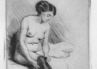 Otto Quante - Akt - Darstellung einer nackten Frau beim Anziehen eines Strumpfes